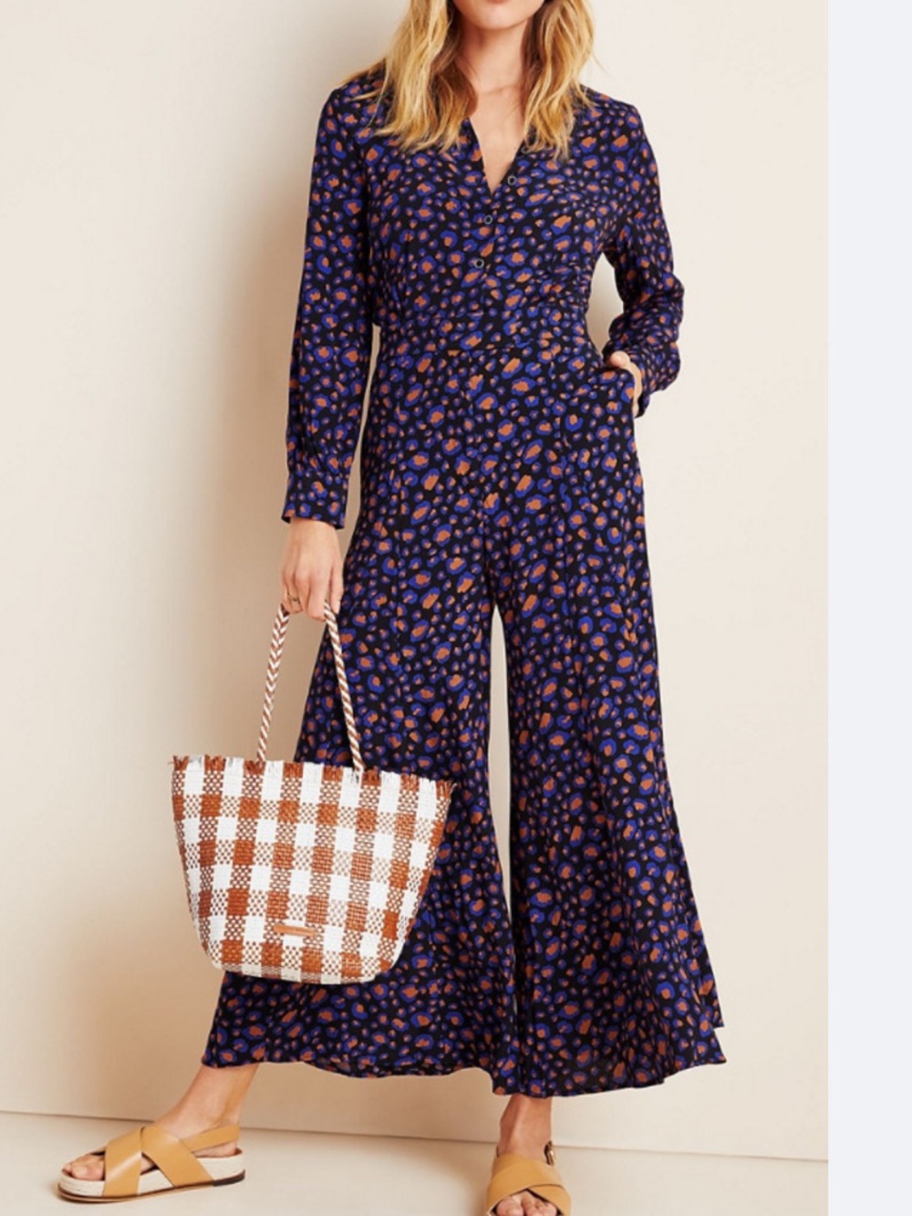 Anthropologie Loveland wide leg jumpsuit sapphire animal print sz 6petite